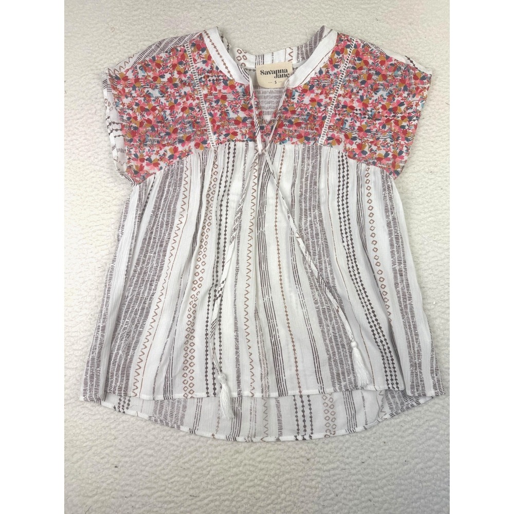 Savanna Jane Blouse Womens Small Multicolor Embroidered Tassel Boho Tunic Top